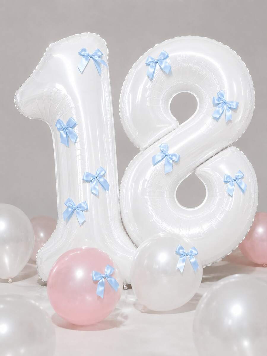 1組 32英吋大號白色數字「0-9」氣球套組,含1個數字氣球與5個淺藍色蝴蝶結,可充氦氣,適用生日派對、婚禮、週年紀念、新年、節慶、嘉年華生日氣球 - 白色 - 查看 1
