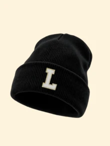 1pc Unisex Knitted Cuffed Beanie Cap With A-Z Letter Chenille Embroidered Patch, Soft‑Touch Warm Winter Casual‑Chic Headwear For Weekend Trips - Black - View 18