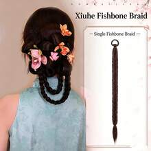 Nova Peruca Estilo Chinês para Maquiadores, Trança de Espinha de Peixe da Noiva Xiuhe, Cabelo Trançado Qipao, Acessório de Cabelo com Trança Torcida Feito à Mão Pré-Pronto - Preto - Visão 6