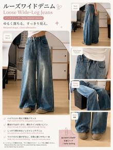 YEAE | Women's Casual Long Straight Leg Jeans, With Buttons, Zipper And Pockets, Non-Stretch Fabric, Blue Washed Spring Fall - Medium Wash - View 3