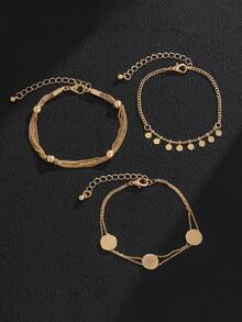 3pcs/Set Gold-Tone Round Pendant Bracelet, With Sequin Tassel Decoration, Metal Disc Bracelet, Minimalist Style, Adjustable Size, Suitable For Daily Wear, Commuting, And As A Versatile Gift For Girlfriend, Family And Friends - Bracelet - View 5