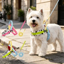 Cow Print Colorblock Saddle Pet Harness Set, Designed For Small Dogs, Wrap-Around Pressure-Relieving No-Restriction Walking, Integrated Anti-Pull Handle Neck Protection Non-Injurious, Thick Skin-Friendly Lining Comfortable For Long Wear, Reinforced Wear-Resistant POM Strong Buckle, Matching Same-Color Leash, Pink And Green Dual-Color Options Suitable For Various Small Cute Dogs Outdoor Leash Equipment - Green - View 14