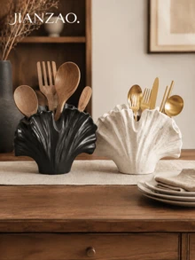 1pc Wabi-Sabi Style Ginkgo Leaf Tableware Storage Rack, Black Spotted White Multi-Compartment Utensil Holder, Large Capacity Chopsticks Spoon Fork Storage Bucket, Rustic Farmhouse Kitchen Countertop Homestay Decor Gift - Seashell Cutlery Organizer - View 6