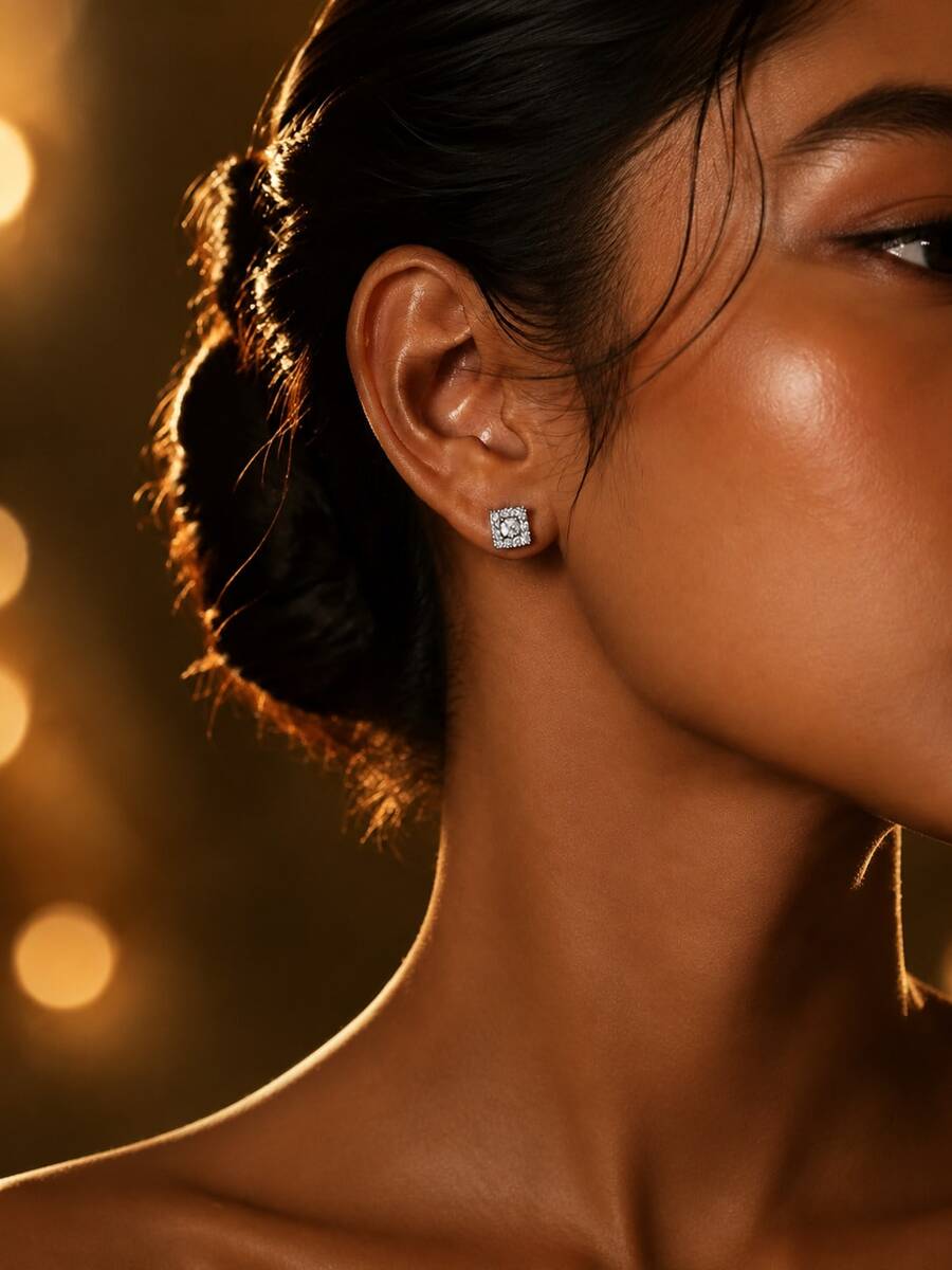 S925 Sterling Silver Moissanite Stud Earrings 0.8ct Square Halo Princess Cut White Gold Tone Luxury Commute Versatile Elegant Daily Wear Hypoallergenic Electroplated Minimalist Shiny Fire Sparkle Commute Date Party Gift Self-Use Exquisite Accessory Earring - Silver - View 1