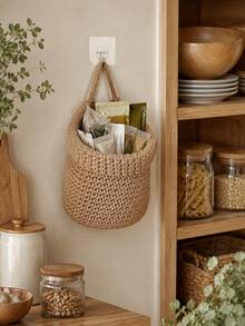 1pc Handmade Woven Hanging Storage Basket, Multi-Functional Wall-Mounted & Desktop Organizer Bin, Suitable For Kitchen Utensils, Fruits, Vegetables, Bathroom, Bedroom And Entryway, Space-Saving Pastoral Style Home Decor - Multicolor - View 3