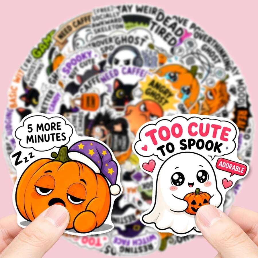 50pcs Funny & Cute Halloween Quote Stickers, Sleepy Pumpkin, Cheerful Ghost, Black Cat, Humorous Slogan Waterproof Decorative Stickers, Suitable For Laptop, Water Bottle, Planner, Scrapbook - Multicolor - View 1