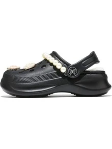 Children's Hollow Garden Clogs With Plush Warm Lining, Elegant Pearl Ballet Style Shoe Decor, Indoor And Daily Wear Slippers - Black - View 7