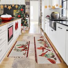 1/2/3pcs Christmas Theme Kitchen Rugs, Flannel Kitchen Mats, Comfortable Soft Absorbent Non-Slip Machine Washable With Non-Slip Backing, Christmas Red Cardinal Pine Cone Wreath Pattern, Suitable For Doorway, Living Room, Bedroom, Kitchen, Dining Room, Bathroom, Laundry Room, Entryway, Multi-Functional Home Holiday Decor Mat - Multicolor - View 2
