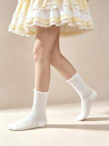 1/5 Pairs Vintage Mori Style Bow Lace Trim Mid-Calf Socks - Multicolor - View 4