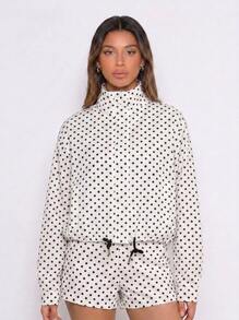 Never me Women's Polka Dot Print Stand Collar Short Jacket, Adjustable Drawstring High Waist Outdoor Fitness Jacket - White - View 3
