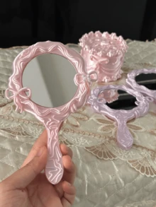 Pearlescent Wavy Edge Handheld Makeup Mirror, 3D Bow Princess Handle Mirror, Girly Portable Touch-Up Mirror, Ins Vintage Sweet Vanity Mirror - Multicolor - View 1