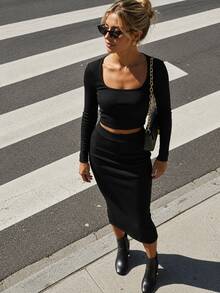 Black Ribbed Square Neck Long Sleeve Cropped Top And High Waist Bodycon Maxi Skirt 2-Piece Set, Suitable For Autumn/Winter Daily Commute, Dating And Streetwear - Black - View 6