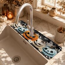 1pc Halloween Decorative Faucet Mat, Pumpkin Pattern, Faucet Cover, Create Holiday Atmosphere, Bathroom Faucet Splash Guard, Waterproof Non-Slip Faucet Mat, Kitchen Countertop Accessory, Kitchen Dining Table Accessory, Sink, Moisture-Proof Absorbent Mat, Absorbent Drainage Mat, Multi-Functional Absorbent Non-Slip Mat - Multicolor - View 4