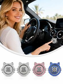 1pc Cat Ear Rhinestone Car Engine Start/Stop Button Ring, Shiny Crystal One-Touch Start Button Decorative Cover Sticker, Cute Sweet Female Car Accessory - Cute Cat Ears - View 4