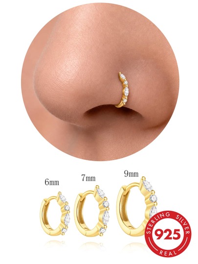 1pc 925 Sterling Silver 6-9mm Zirconia Nose Ring, Hypoallergenic Nostril/Septum/Cartilage Body Piercing Jewelry, Unisex, Suitable For Daily Wear And Gifts
