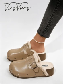Women's Vintage Metal Buckle Rivet Plush Lining Thick Sole Wedge Heel Shoes, Round Toe Closed Toe Half-Slip-On, Personalized Fashion Warm Outdoor Thermal Slippers - Khaki - View 1