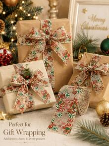 1 Roll Reusable Christmas Gift Wrapping Ribbon, Candy Cane & Snowflake Print, Holiday Decoration Satin Ribbon Roll, Suitable For Gift Boxes, Wreaths, Christmas Tree Decoration, Party And Home Decor, Pattern Position May Vary Due To Cutting - Multicolor - View 1