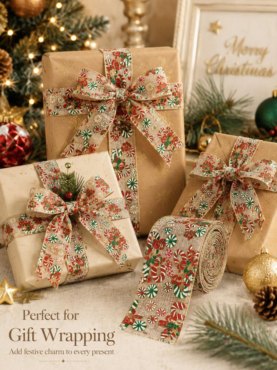 1 Roll Reusable Christmas Gift Wrapping Ribbon, Candy Cane & Snowflake Print, Holiday Decoration Satin Ribbon Roll, Suitable For Gift Boxes, Wreaths, Christmas Tree Decoration, Party And Home Decor, Pattern Position May Vary Due To Cutting - Multicolor - View 1
