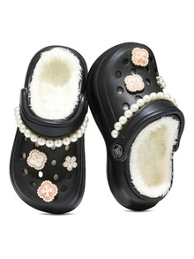 Children's Hollow Garden Clogs With Plush Warm Lining, Elegant Pearl Ballet Style Shoe Decor, Indoor And Daily Wear Slippers - Black - View 3