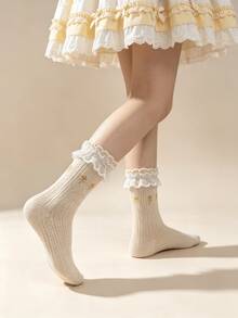 1/5 Pairs Vintage Mori Style Bow Lace Trim Mid-Calf Socks - Multicolor - View 6