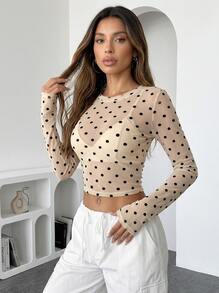 Never me Women's Polka Dot Mesh 2 In 1 Cropped Sports T-Shirt, Yoga Pilates Daily Commute Outfit - Champagne - View 1