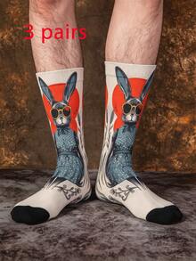1/3 Pairs Funny Rabbit Cartoon Jacquard Mid-Calf Socks, Halloween Street Style Creative Colorful Artistic Illustration Men's Socks - Multicolor - View 10