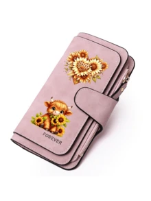 Printed Pu Wallet With Scottish Highland Bull Hug Sunflower And Leopard Print Heart-Shaped Floral Pattern, Can Be Used As A Wallet, Card Bag, Handbag, And Multifunctional Storage Bag. It's The Perfect Gift For Birthdays, Thanksgiving, And Christmas,Travel Essential - Multicolor - View 13