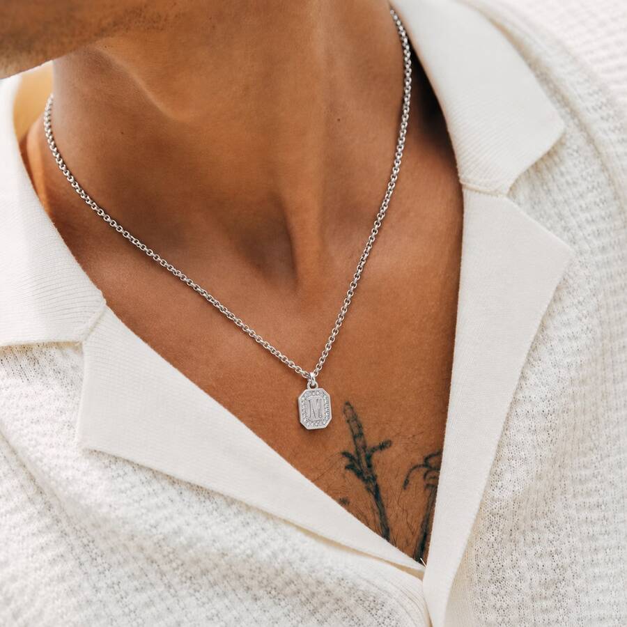 1pc New Classic Square Initial Silver Stainless Steel Chain Necklace For Men - Silver - View 1