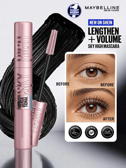 Maybelline مسكارا سماوية عالية القوة قابلة للغسل، طويلة الأمد، مقاومة للتلطخ، مقاومة للماء، مسكارا طويلة الأمد، 0.24 أونصة/7.2 مل - طويلة الأمد، مزاج الصيف، طويلة الأمد، حجم، مكياج العين