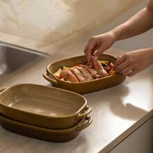 1pc Rectangular Ceramic Baking Dish With Double Handles, Oven- Baking Cookware, Vintage Glazed Kitchen Serving Plate - View 2