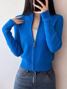 女款秋冬休閒極簡修身拉鍊針織開襟毛衣外套 - 藍色 - 查看 3