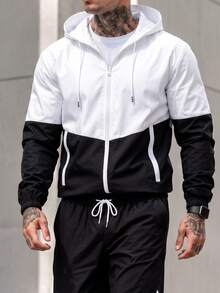 1 Set Men's Autumn Colorblock Sports Outfit, Zip-Up Hooded Jacket + Joggers, Casual Street Style - Black - View 4