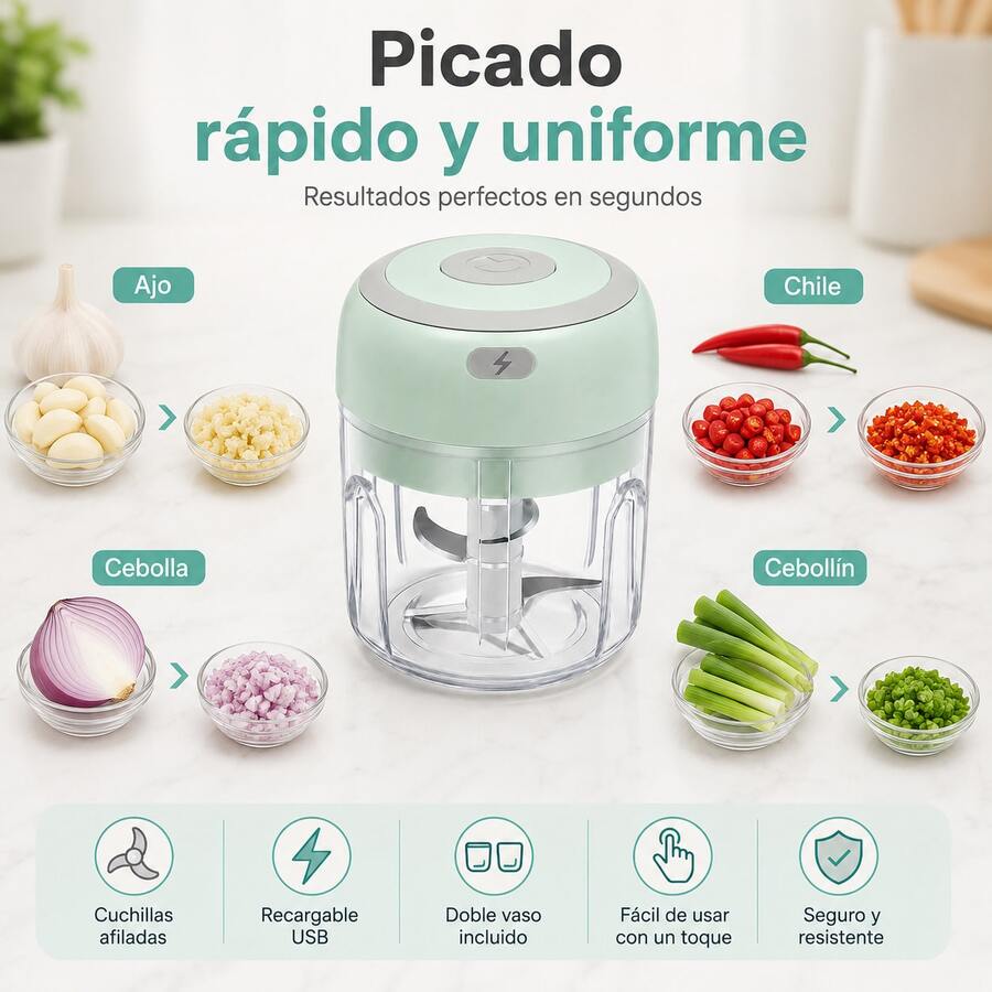 El agitador eléctrico de ajo, que incluye dos tazas de repuesto, puede triturar ajo, cebollas, pimientos, especias,etc., suministros de cocina, cocina y condimentos alimentarios