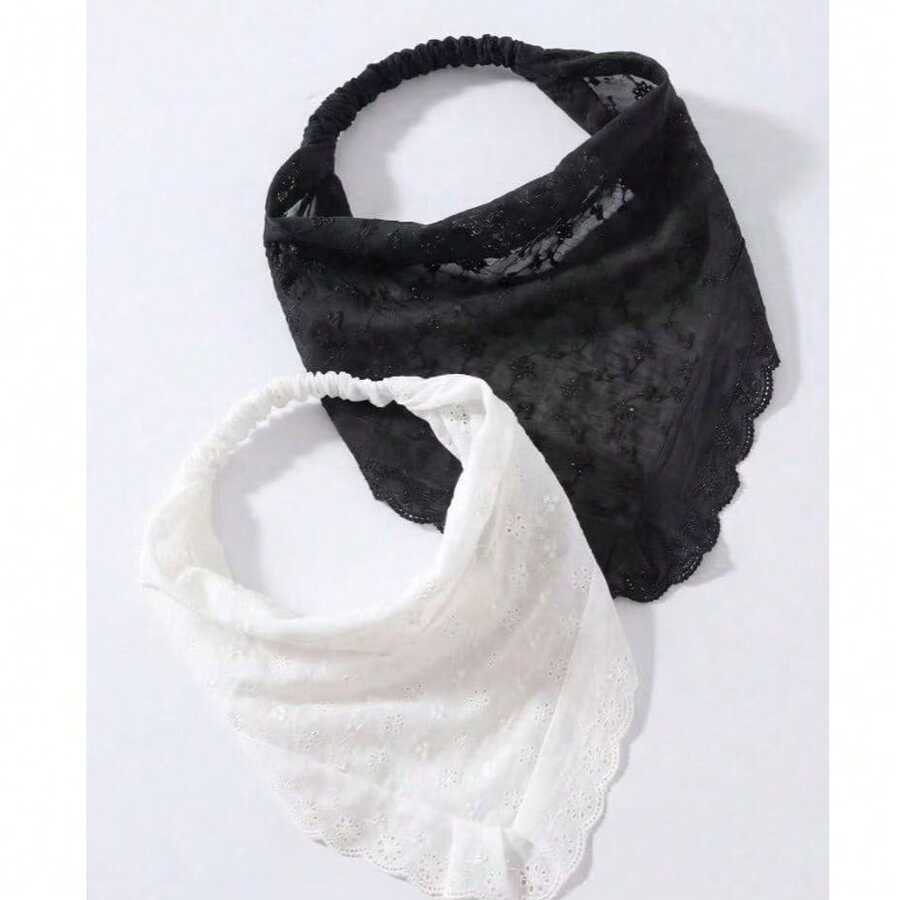 2pcs/Set Women's Floral Triangle Headscarf With Elastic Band, Thin Hairband For Spring And Summer, Suitable For Daily Wear And Vacation - Two-piece Set, Black and White - View 1
