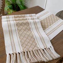 1pc Bohemian Style Hollow Table Runner With Dual-Color Tassel Fringe, Suitable For Wedding, Restaurant, Living Room, Family Gathering, Party, Dinner Table Decoration, Washable And Reusable - Khaki - View 3