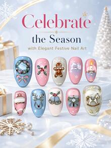 NAIO 10pcs Almond Shaped Press-On Nails, Sweet Christmas Theme Fake Nails, Gingerbread Man Snowflake Reindeer Bell Rocking Horse Holiday Pattern, Glossy Full Coverage Artificial Nails, Suitable For Holiday Party Christmas Wear - Multicolor - View 1