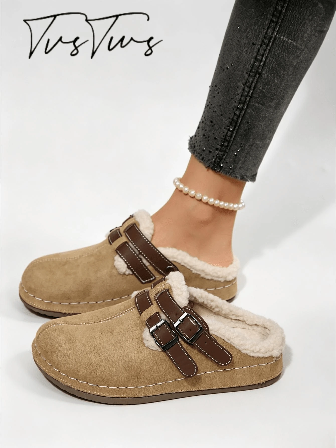 Women's New Casual Streetwear Double Buckle Thermal Lined Shoes, Round Toe Thick Sole Closed Toe Slippers, Warm Autumn/Winter Casual Outdoor Thermal Slippers
