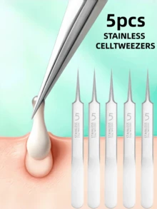 5pcs Professional Precision Ultra-Fine Tip Blackhead Tweezers, High Hardness Rust-Resistant Stainless Steel Extractor, Comfortable Strong Grip, Suitable For Facial Hair, Beard Trimming And Home Skin Care - Silver - View 6