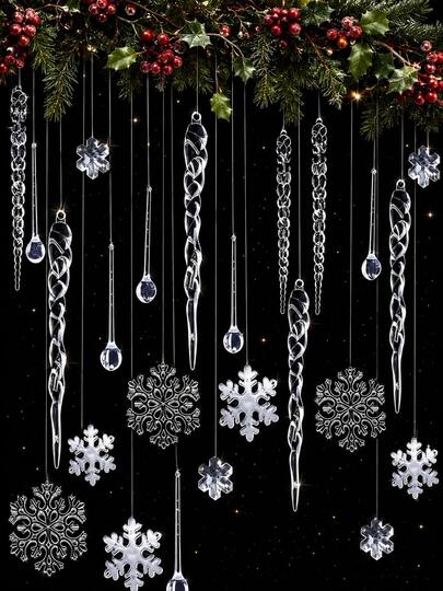 24pcs/1pc Christmas Icicle Snowflake Hanging Ornaments, Christmas Crystal Decorative Hanging Pendants, Christmas Tree Decoration Pendants, Christmas Outdoor Decoration, Christmas Crystal Home Decor, Christmas Snowflake, Icicle, Water Drop Shape, Holiday Decoration Set, Christmas Decoration Pendants, Acrylic Material, Suitable For Decorating Christmas Tree, Fireplace Garland, Stair Railing, Christmas Wreath, Christmas Gift Decoration Pendants, Create Winter Wonderland Atmosphere, Also Can Be Given As Christmas Surprise Gift.