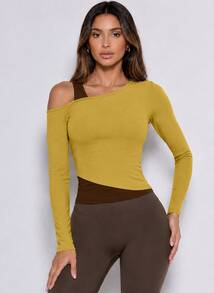 Never me Women's Sports T-Shirt Asymmetrical Shoulder 2 In 1 Patchwork Long Sleeve Asymmetrical Hem Cropped Top Suitable For Yoga Pilates Jogging Commuting - Olive Green - View 5