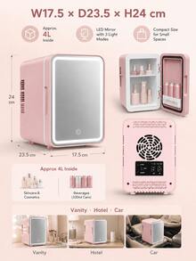 SMEGGEMS Mini Fridge With Makeup Mirror, 4L Mini Skincare Fridge, With Adjustable LED Light Mirror, Cooling And Heating Functions, Can Store Cosmetics And Food, Portable Mini Fridge, Suitable For Bedroom, Office And Car, Perfect As A Gift - Baby Pink - View 10