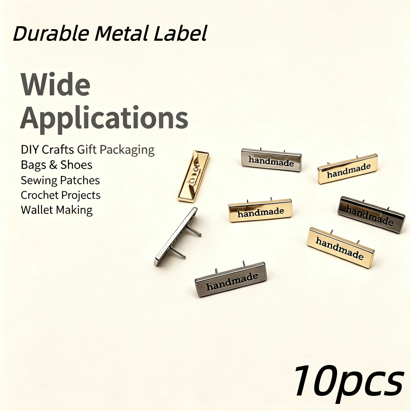 10pcs Handmade Metal Labels - Rectangular Alloy Labels With "Handmade" Design, Suitable For DIY Crafts, Gifts, Bags, Shoes - Sewing Accessories, Patches, Crochet, Multi-Purpose, Sewing Accessories And Tools, DIY Wallet Making - Multicolor - View 1