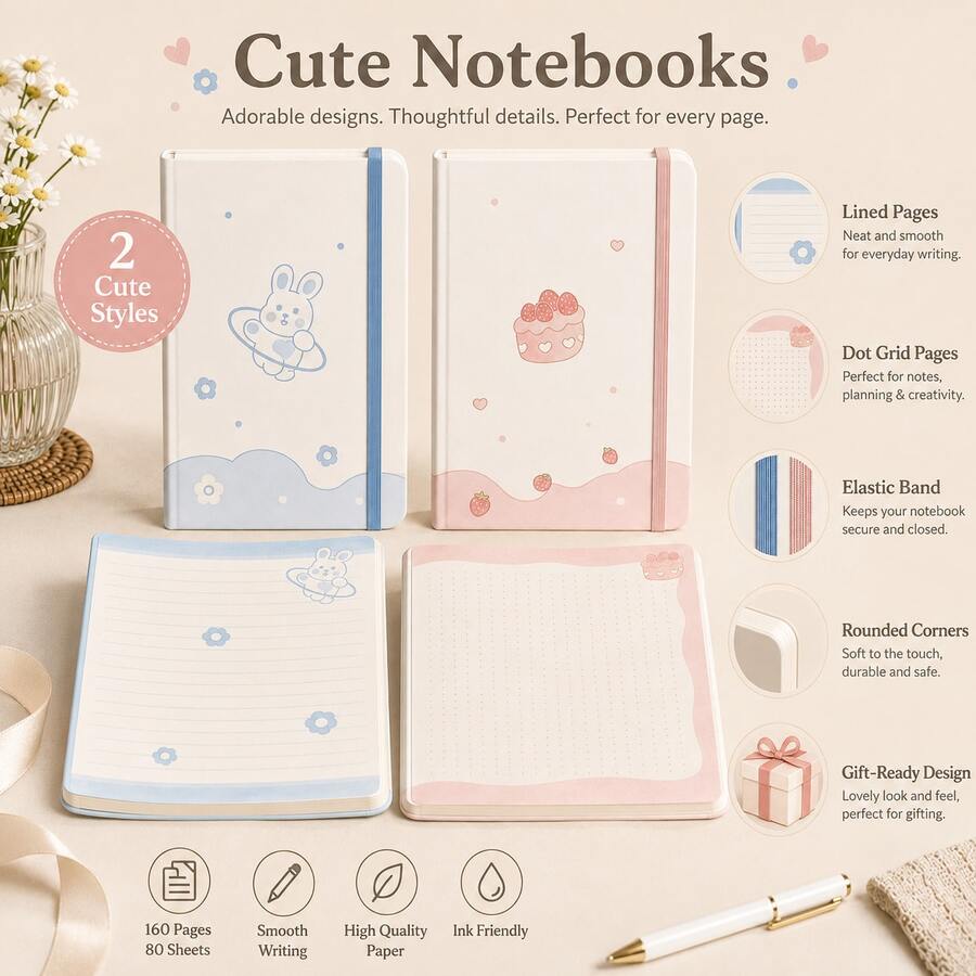 1pc Cute Hardcover Notebook Journal With Elastic Band, Lined And Dot Grid Pages, Pastel Rabbit And Strawberry Cover Designs For Writing, Journaling, School And Office - 6031 - View 1