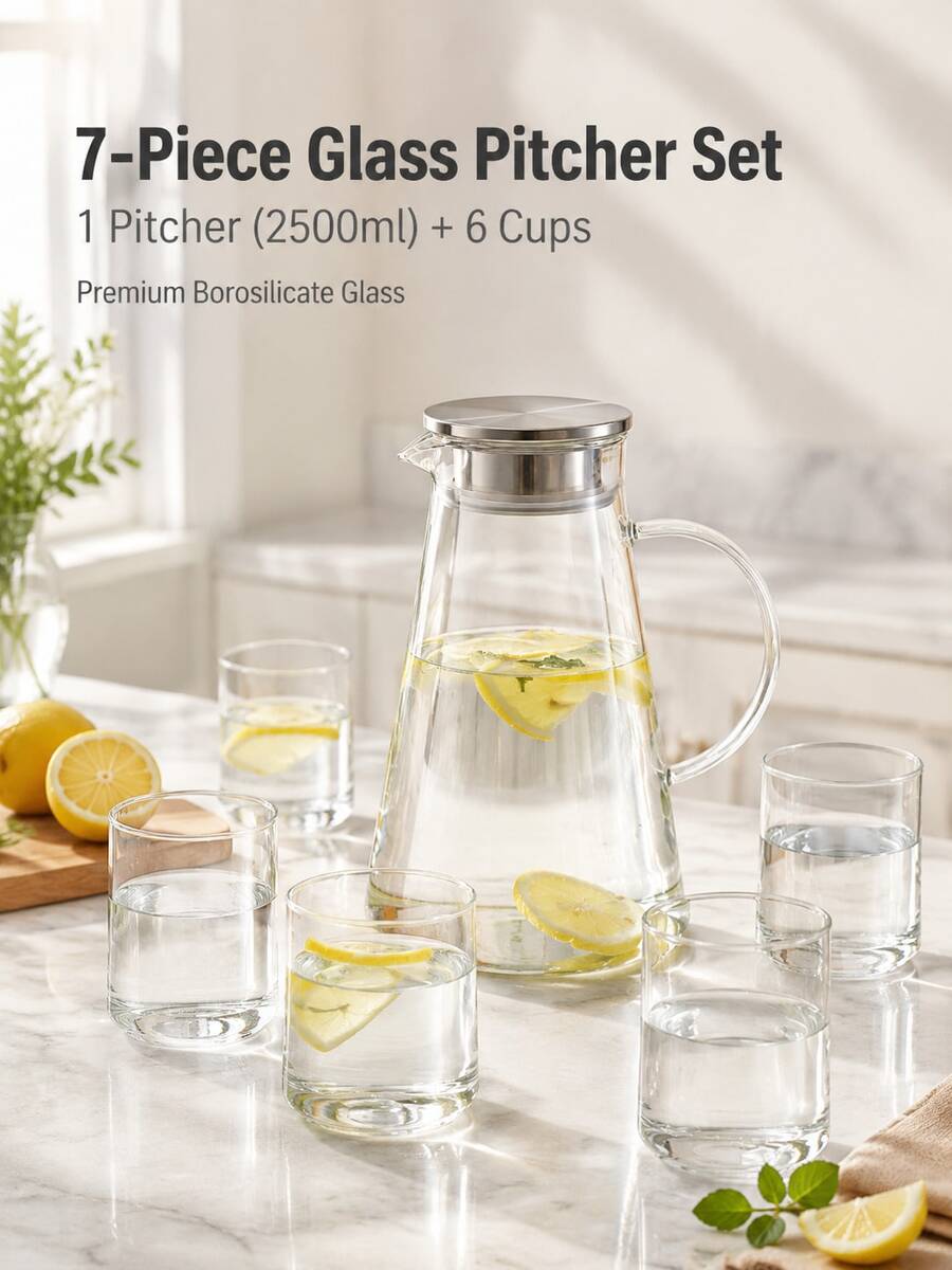 High Borosilicate Glass Water Pitcher Set, Large Capacity, Suitable For Home Use, Juice And Beverage Pitcher, Living Room Water Cup Combination. - Style B - Transparent Water Bottle Set - View 1