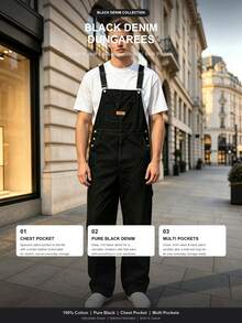 Men's Black Denim Dungarees Chest Pocket Multi Pocket Overalls - Black - View 5