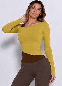 Never me Women's Sports T-Shirt Asymmetrical Shoulder 2 In 1 Patchwork Long Sleeve Asymmetrical Hem Cropped Top Suitable For Yoga Pilates Jogging Commuting - Olive Green - View 8