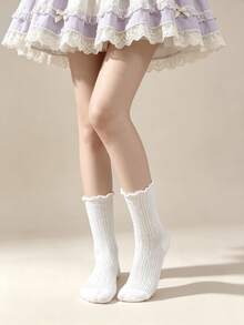 1/5 Pairs Vintage Mori Style Bow Lace Trim Mid-Calf Socks - Multicolor - View 5