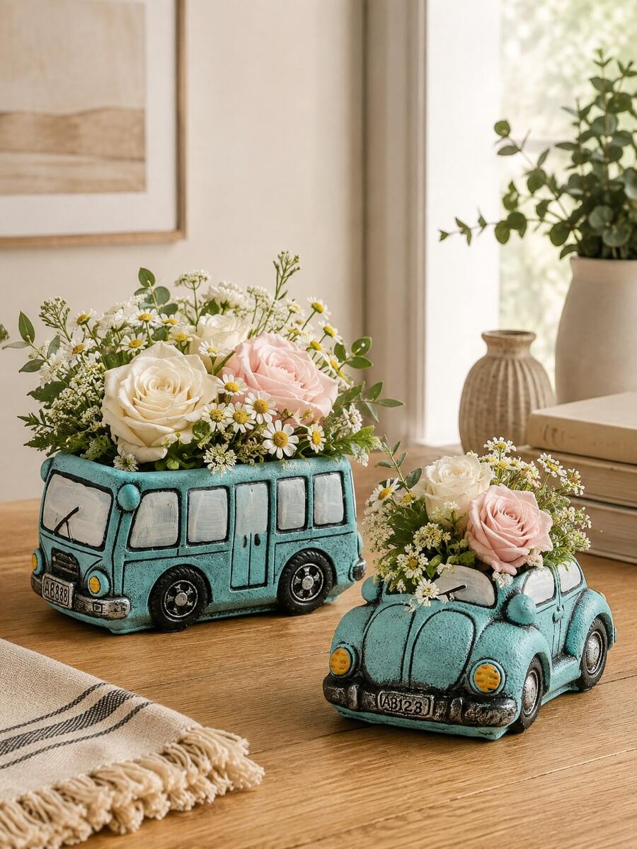 Vintage Car Shaped Vase, Turquoise Resin Decorative Flower Pot, Suitable For Planting Roses And Greenery, Rustic Farmhouse Style Dining Table Decor, Creative Flower Pot, Suitable For Living Room, Bedroom, Wedding, Garden And Home Decoration, Perfect Gift - A - View 1