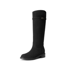 Women's Knee-High Buckle Strap Riding Boots - Black Suede - View 4