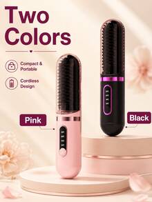 GENAI Mini Wireless Hair Straightener Comb, USB Rechargeable Ionic Straightening Brush With LED Display, 4 Temperature Settings, Fast Heating Anti-Frizz Portable Hair Styling Tool, Suitable For Home And Travel, Pink/Black - Multicolor - View 3